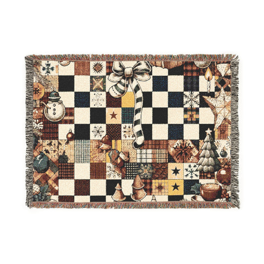 Cozy Woven Christmas Blanket with Vintage Patchwork Patterns